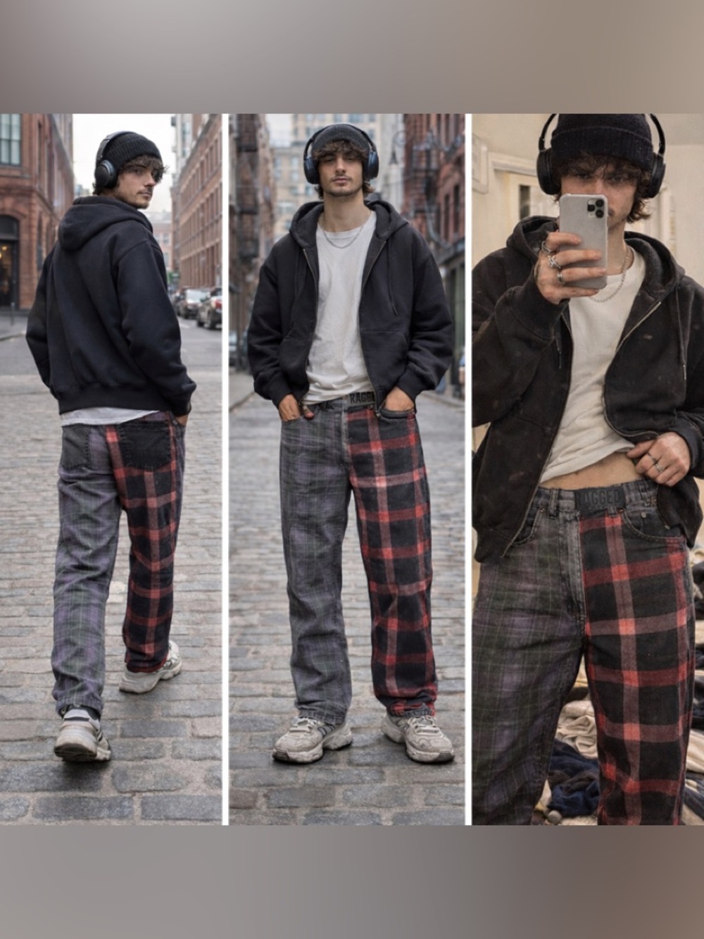 Ragged Patchwork Plaid Jeans Grunge Punk Streetwear Men’s 28